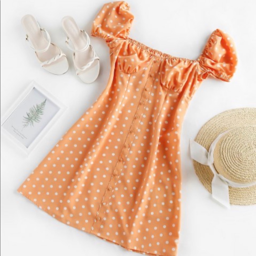 ZAFUL Polka Dot Button Cupped Orange Dress